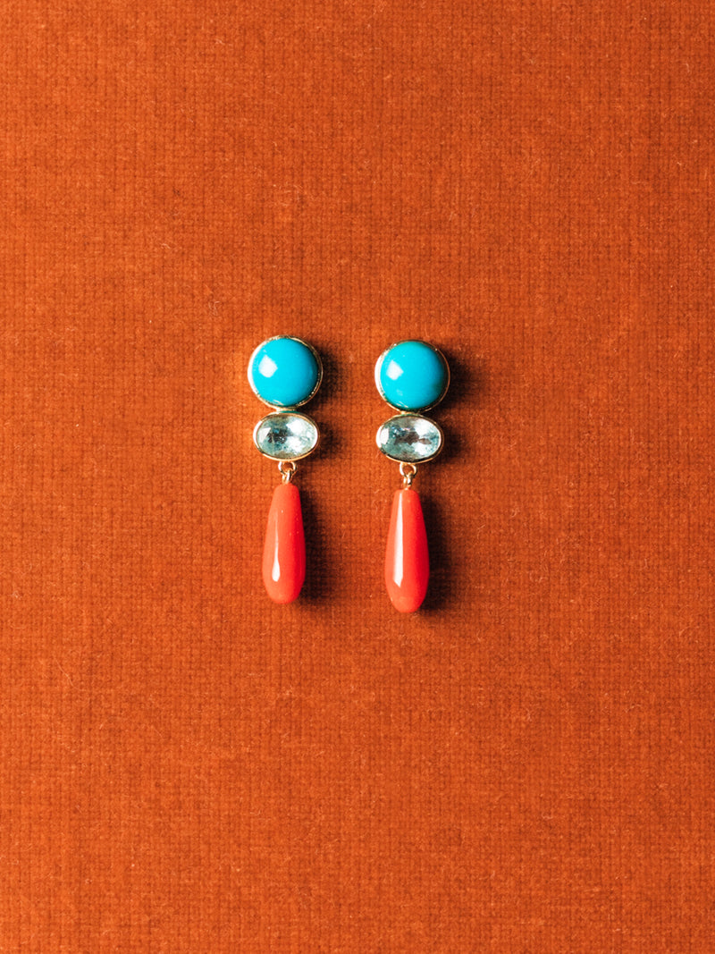 Turquoise and Coral Drop 14K Earrings