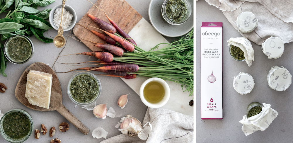 ingredients for carrot stem pesto and jars of pesto covered with the Abeego Small