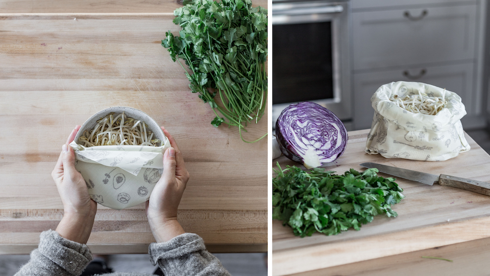 LEft image: hands holding a bowl of bean sprouts covered with Abeego. Right image: Abeego folded into a bag holding bean sprouts, cabbage and cilantro sit next to it.