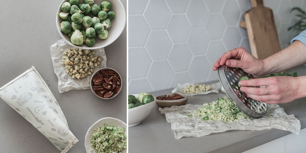 first image: Abeego pouch next to Brussels sprout, cheese, and pecans. Second image: hand grating Brussels sprouts onto an Abeego