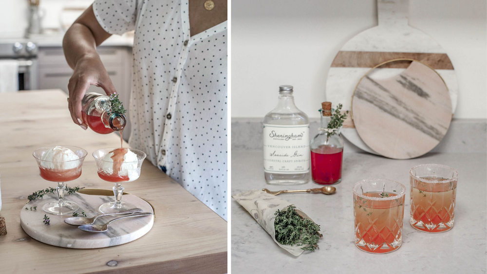 left image: hand pouring rhubarb simple syrup onto two cups with ice cream. Right image: two pink cocktails with thyme wrapped up in Abeego next to them.