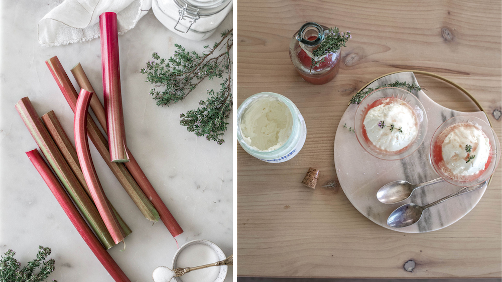 Left image: bunch of rhubarb stalks laying on a white marble counter with thyme next to them. Right image: birds eye view of two cups of ice cream with rhubarb simple syrup on top.