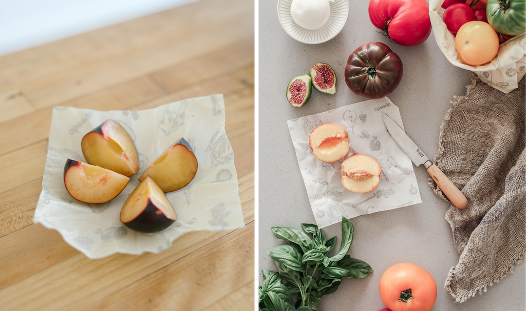 small Abeego beeswax wrap holding a peach