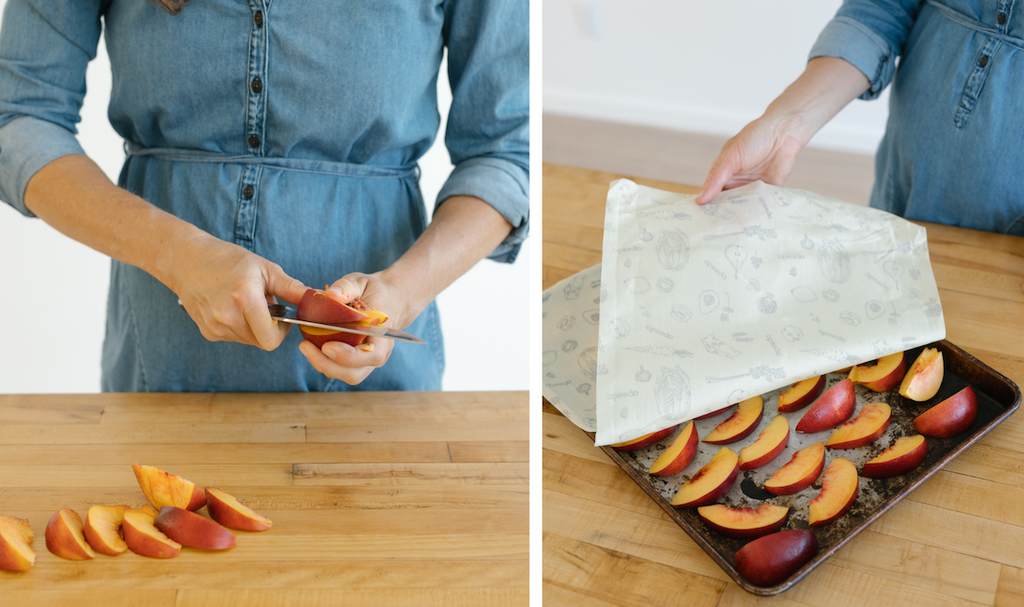 sliced stone fruit on a tray covered with an Abeego beeswax wrap Giant