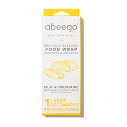 A package of one large rectangle of Abeego reusable beeswax food wrap.