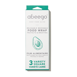 A variety package containing one small, one medium, and one large square of Abeego reusable beeswax food wrap.