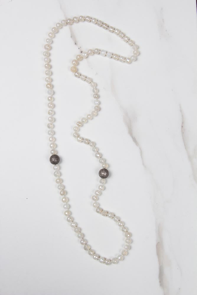 White Himalaya Quartz Necklace  w/ 2 Diamond Round Beads