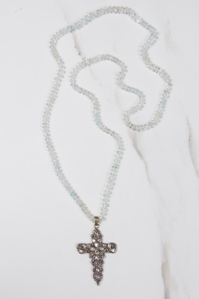 Aquamarine Necklace w/ Diamond Antique Cross