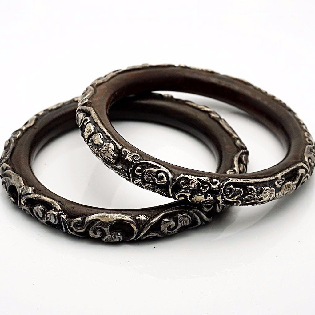 Vintage Wood Bracelets w/ Silver Motifs