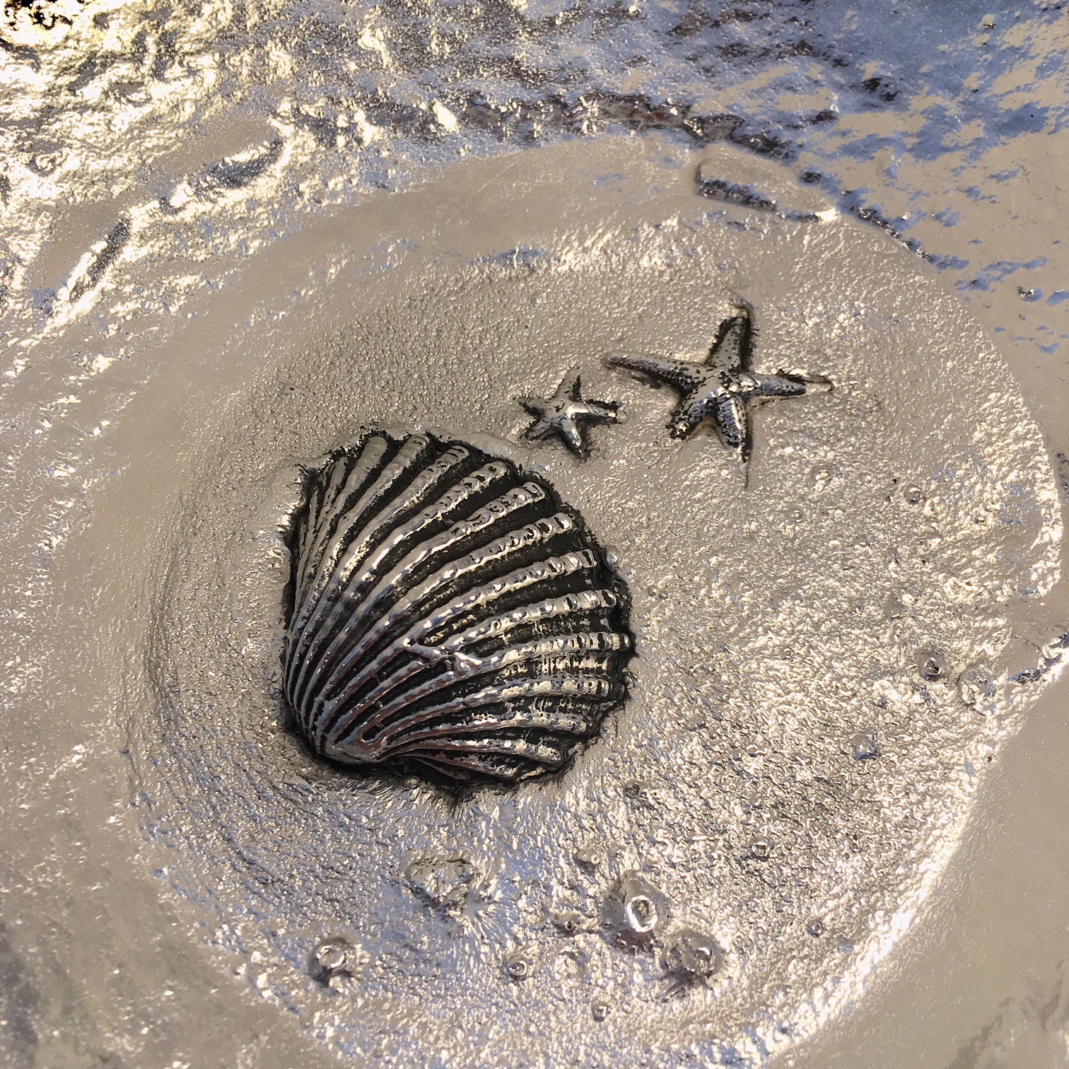 Fine Pewter Wide Bowl with Clam Shell and Starfish