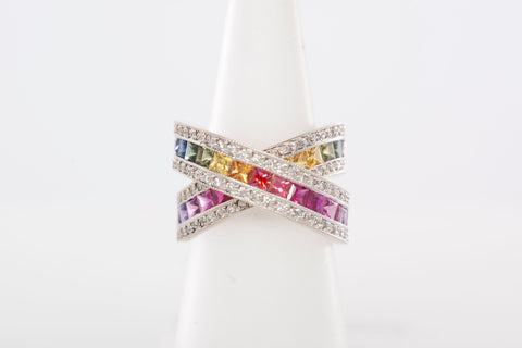 Stunning Multi Color Quartz with Diamond Accent 18k White Gold .82 TCW Ring