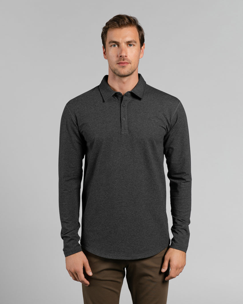 Gray - Long Sleeve Polo - Button Down Collar