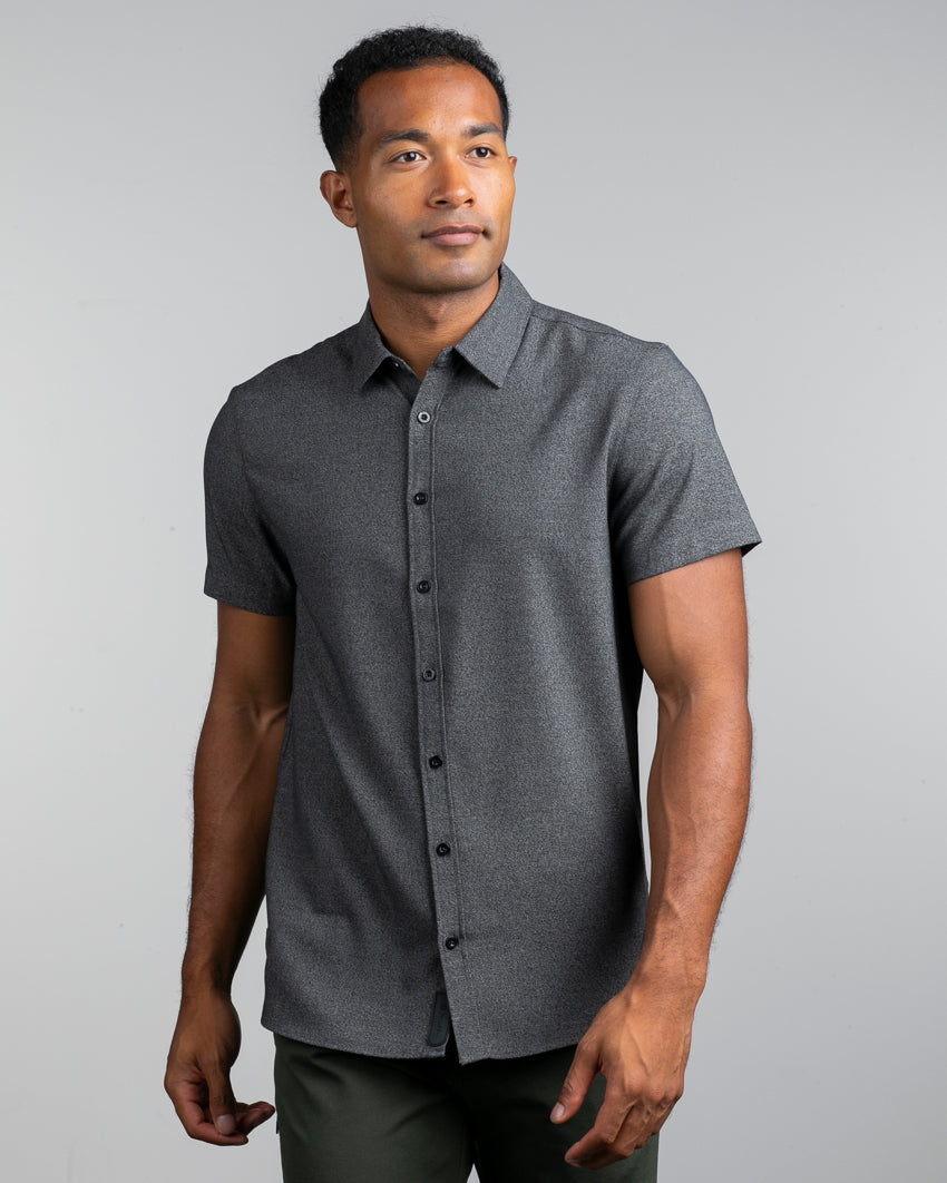 Adebola Men's Short Sleeve Button-up Shirt (African Asymmetrical Print  Traditional Shirt) in Black - Chimzi