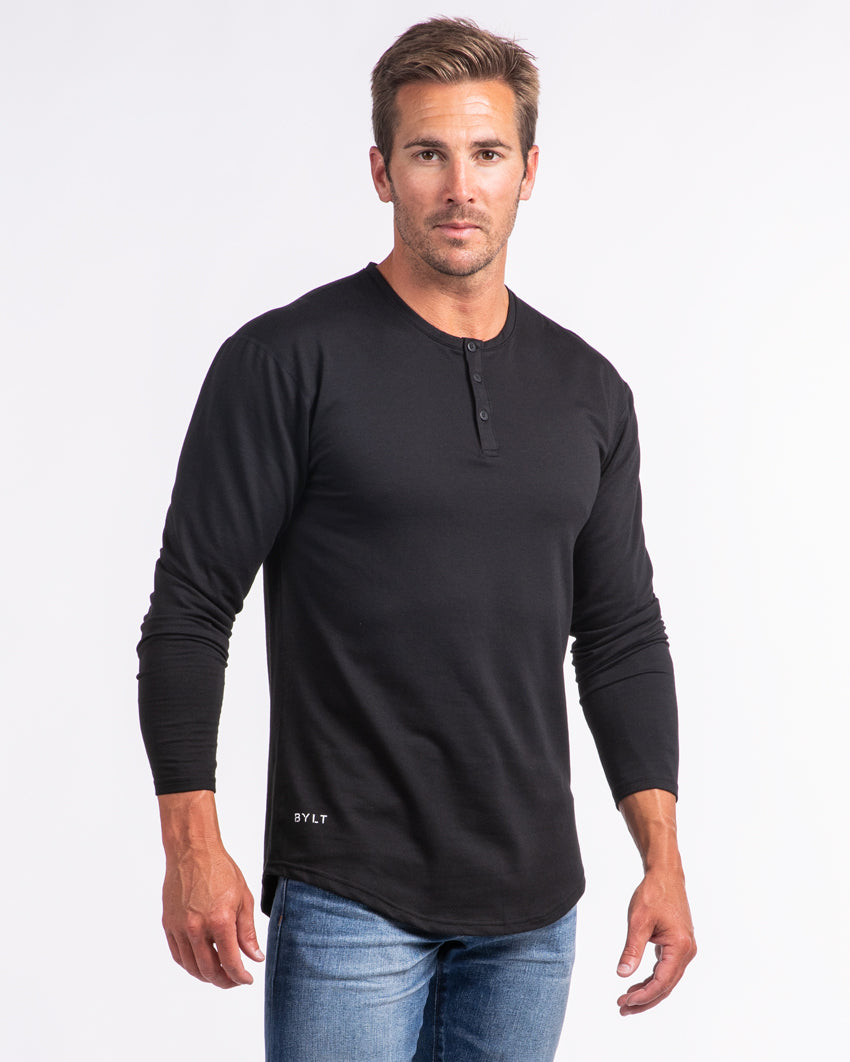 Men's Henley - Long Sleeves in Black Cotton Jersey