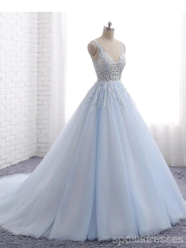 Pale Blue V Neckline A line Tulle Lace Beaded Evening Prom Dresses, Po ...