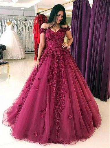 Lace Off Shoulder Maroon A-line Long Evening Prom Dresses, 17613 ...