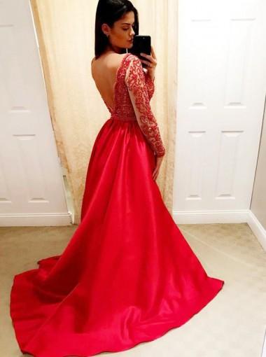 Sexy Backless Long Sleeves Beaded V Neck A-line Long Evening Prom Dres ...