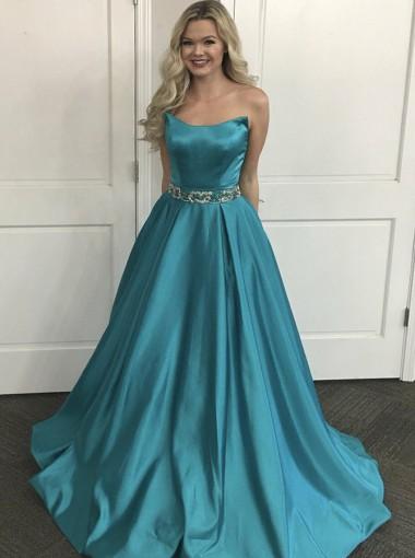 Simple Beaded Belt Turquoise A-line Long Evening Prom Dresses, 17640 ...