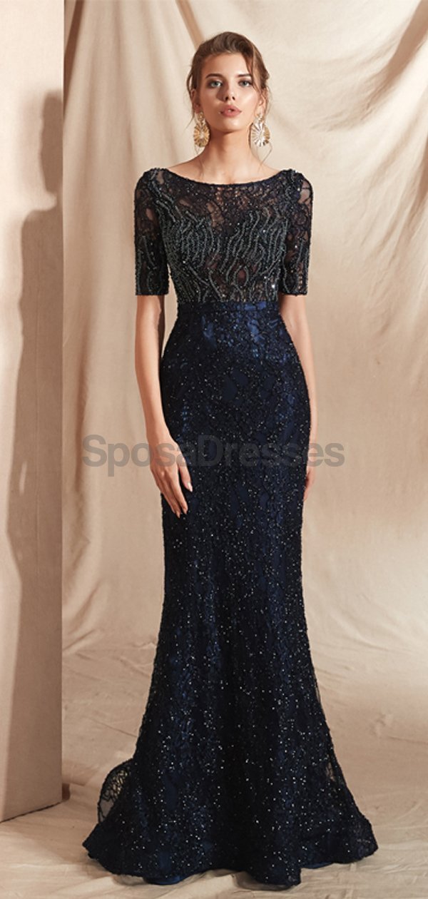 Navy 1/2 Long Sleeves Lace Beaded Mermaid Evening Prom Dresses, Evenin ...