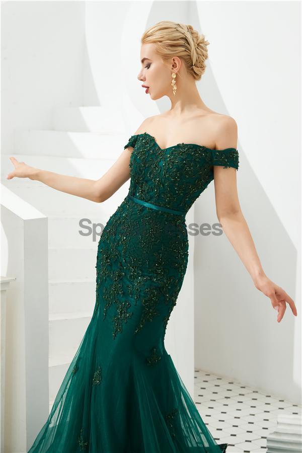 Emerald Green Lace Applique Mermaid Evening Prom Dresses, Evening Part ...