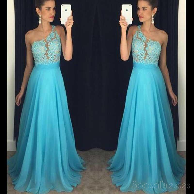 One shoulder Chiffon Lace Long Evening Prom Dresses, Sexy See Through ...