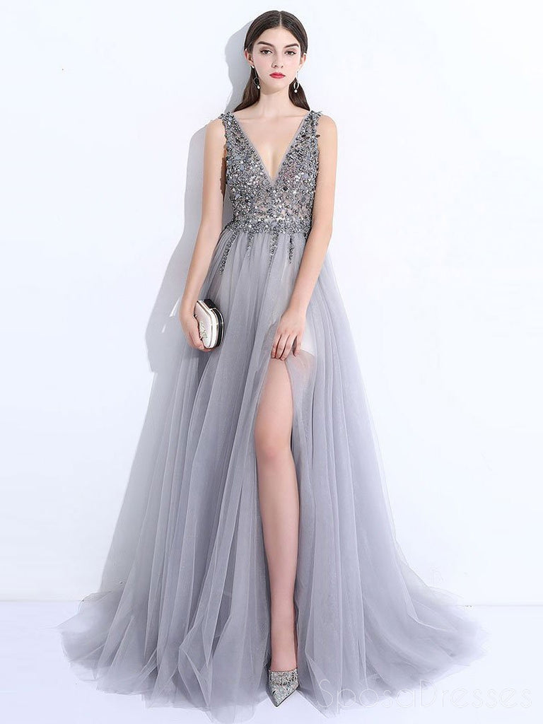 Sexy Backless See Through A Line Beaded Gray Long Evening Prom Dresses