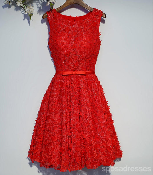 Red Lace Beaded Round Neckline Homecoming Prom Dresses, Affordable Cor ...