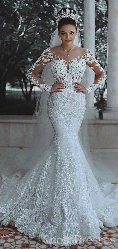 Long Sleeves Lace Beaded Mermaid Wedding Dresses Online Cheap