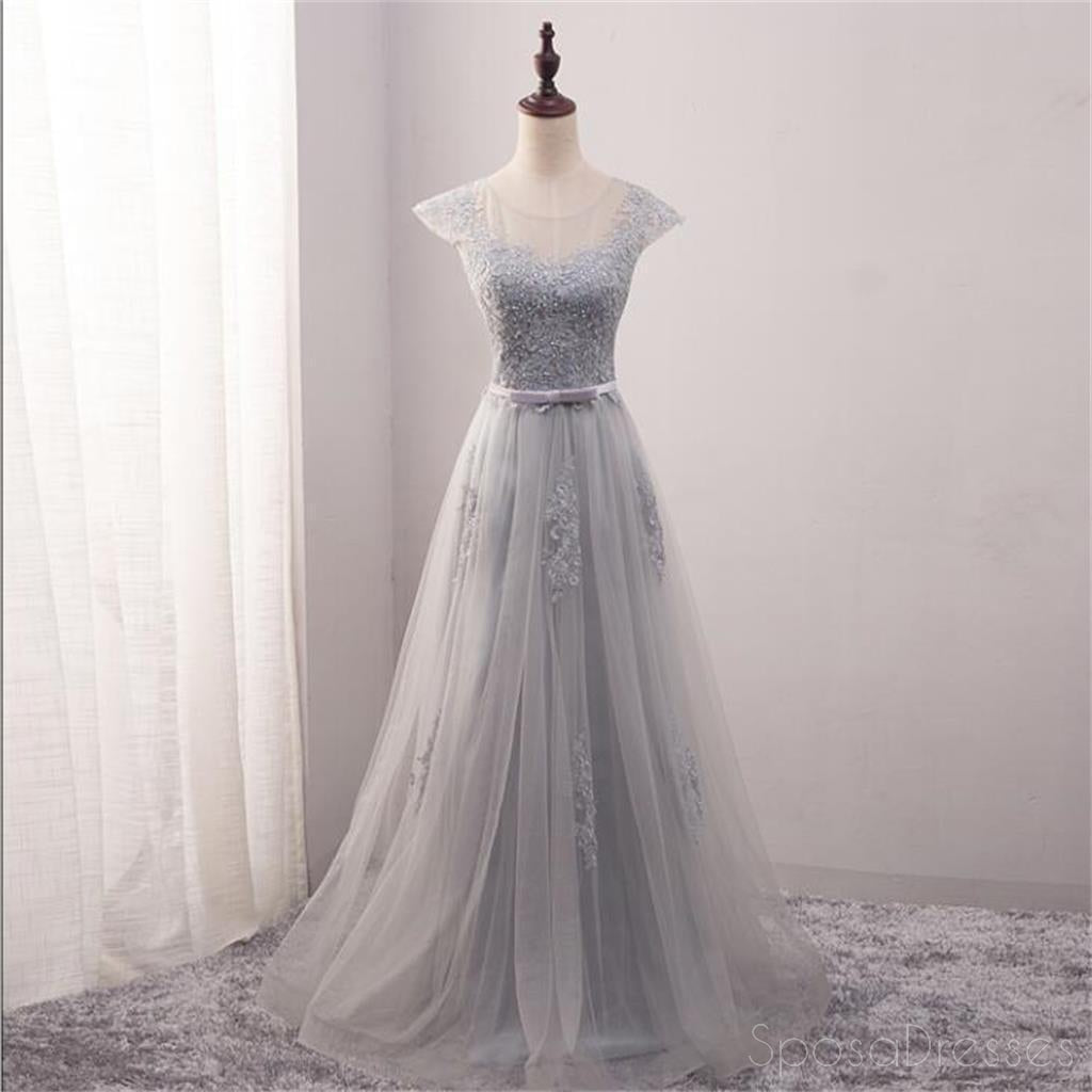 Cap Sleeve Scoop Neckline Gray Lace Evening Prom Dresses, Popular Lace ...