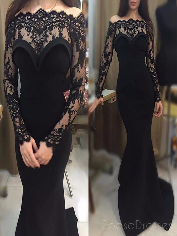 Long Sleeve Black Lace Mermaid Long Evening Prom Dresses, Popular Chea ...