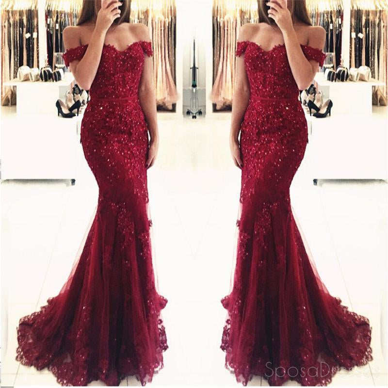 Off Shoulder Dark Red Lace Beaded Mermaid Evening Prom Dresses Popular 2018 Party Prom Dresses 