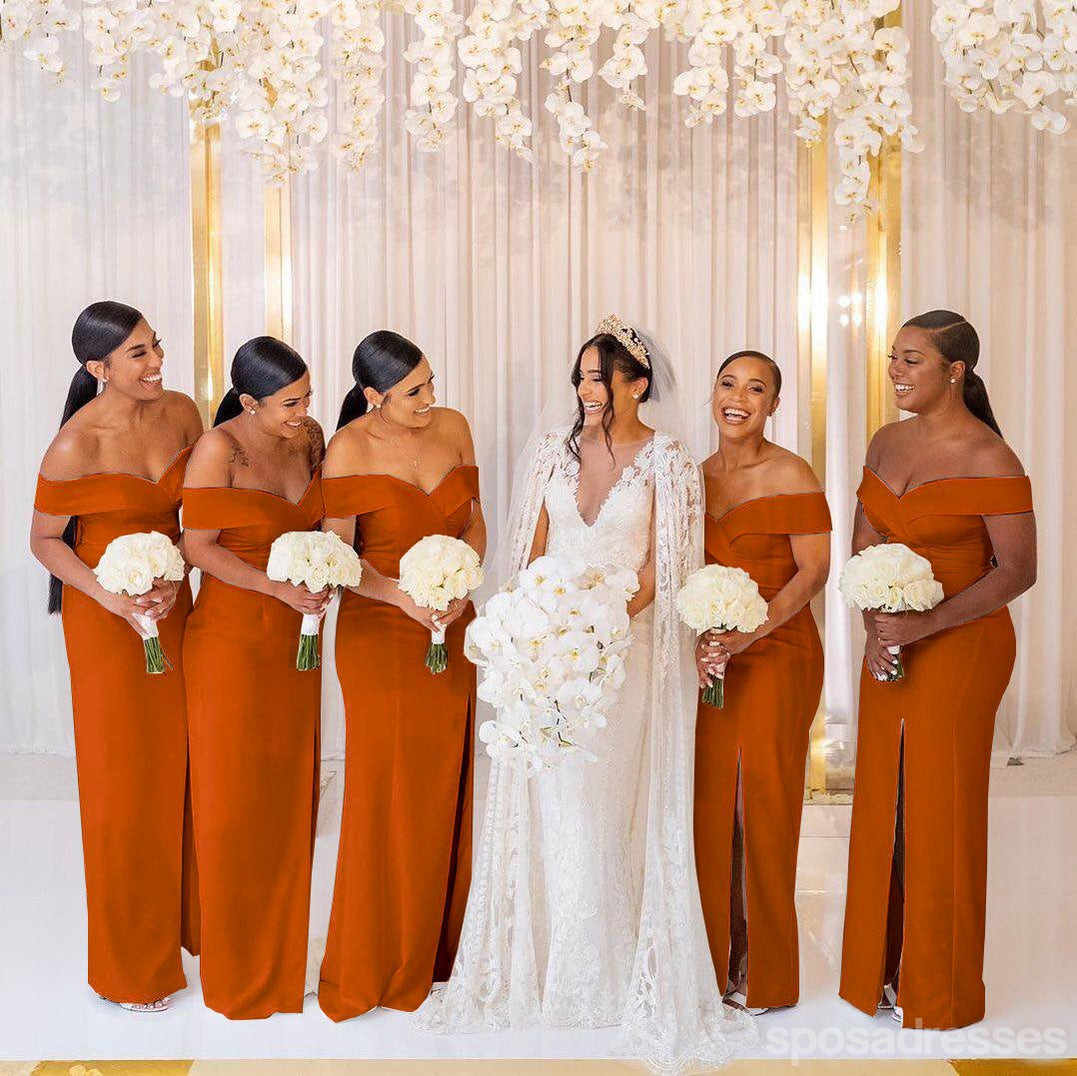 Orange Mermaid Long Bridesmaid Dresses Long Sleeve Pleat Deep V