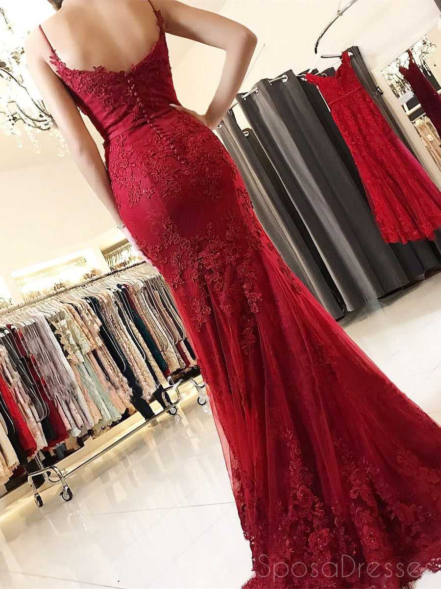 Spaghetti Straps Red Lace Mermaid Long Evening Prom Dresses 17505 Sposadresses 2651