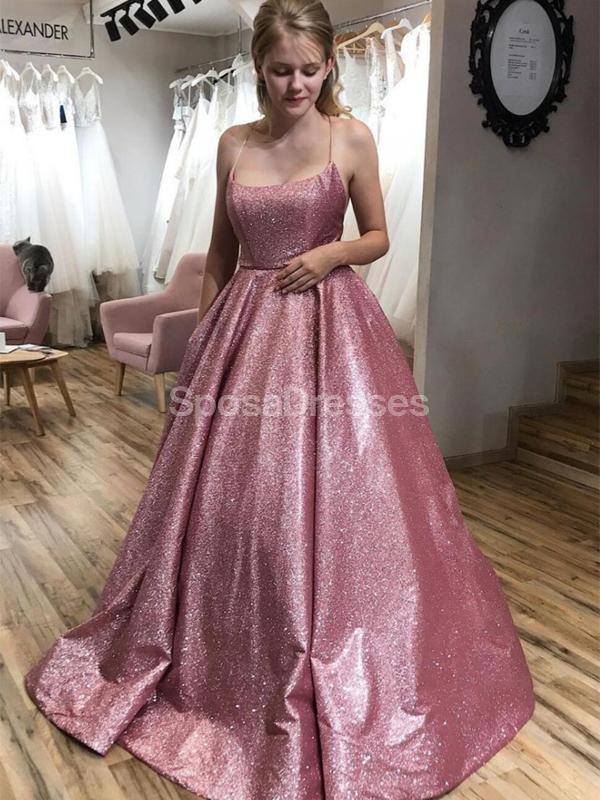 Sexy Backless Spaghetti Straps Pink Glitter Long Evening Prom Dresses ...
