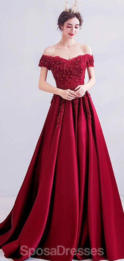 Dark Red Off Shoulder Lace Beaded Evening Prom Dresses, Evening Party ...