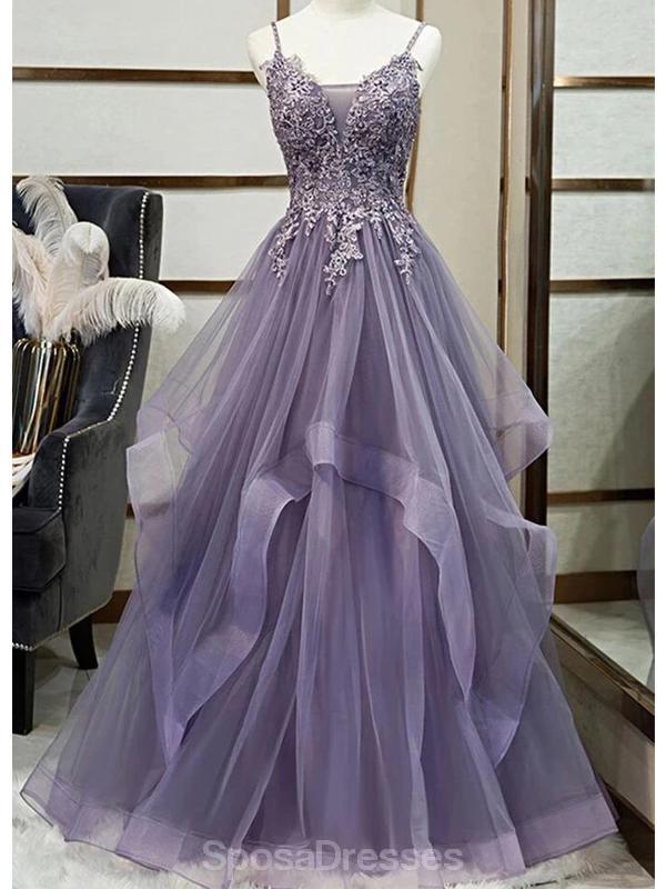 Grey Purple Ruffles Lace Beaded Long Cheap Evening Prom Dresses, Eveni ...