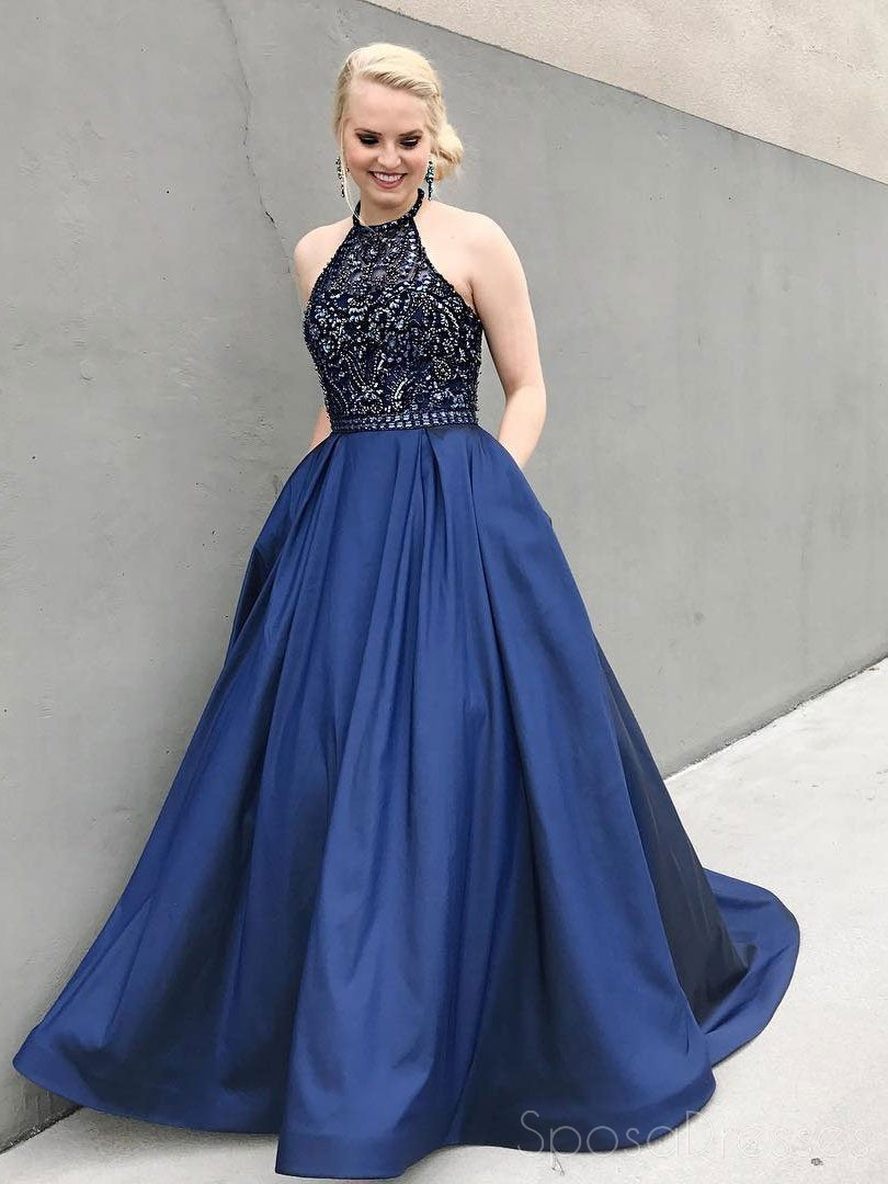 Sexy Halter Delicate Beading Navy A line Custom Long Evening Prom Dres ...
