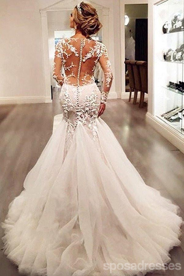 Modern Ivory Lace V Neck Mermaid Long Wedding Dress Promfy