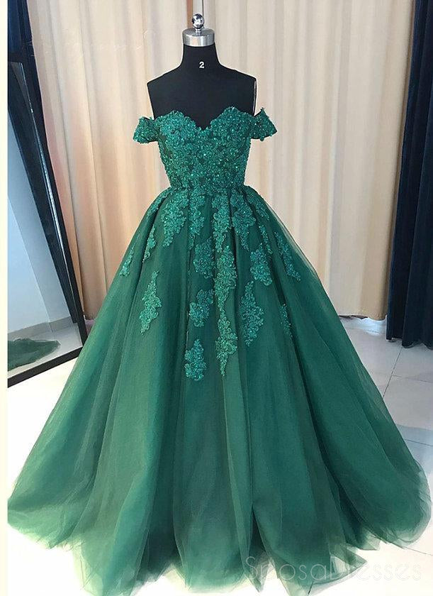 off the shoulder green prom dress