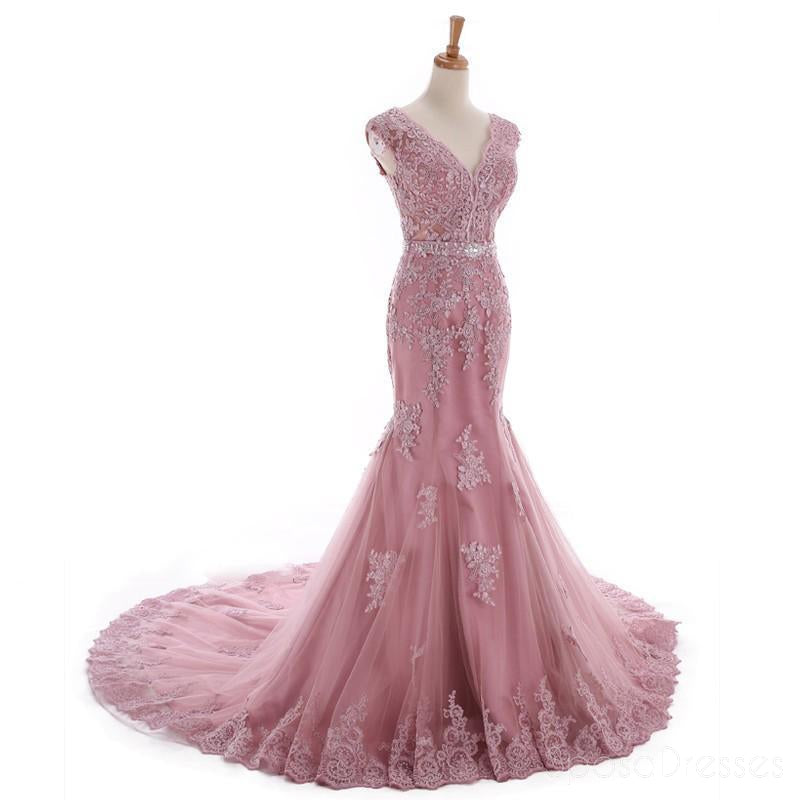 Sexy Lace Mermaid V Neckline Dusty Pink Long Evening Prom Dresses, Pop ...