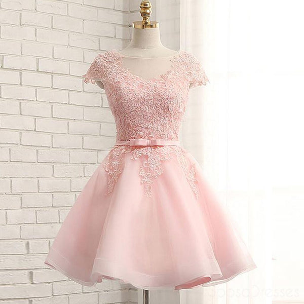 Cap Sleeve Pink Lace Beaded Tulle Short Homecoming Dresses, Cheap Home ...