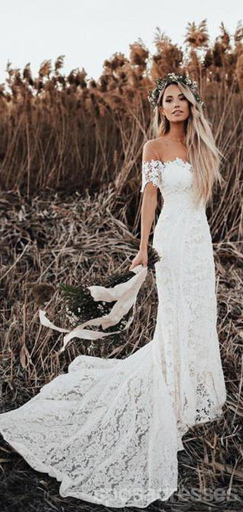 Off Shoulder Vintage Lace Mermaid Cheap Wedding Dresses Shore