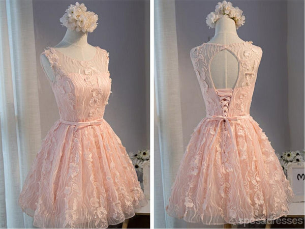 Peach Lace Short Peach Cute Homecoming Prom Dresses, Affordable Short ...