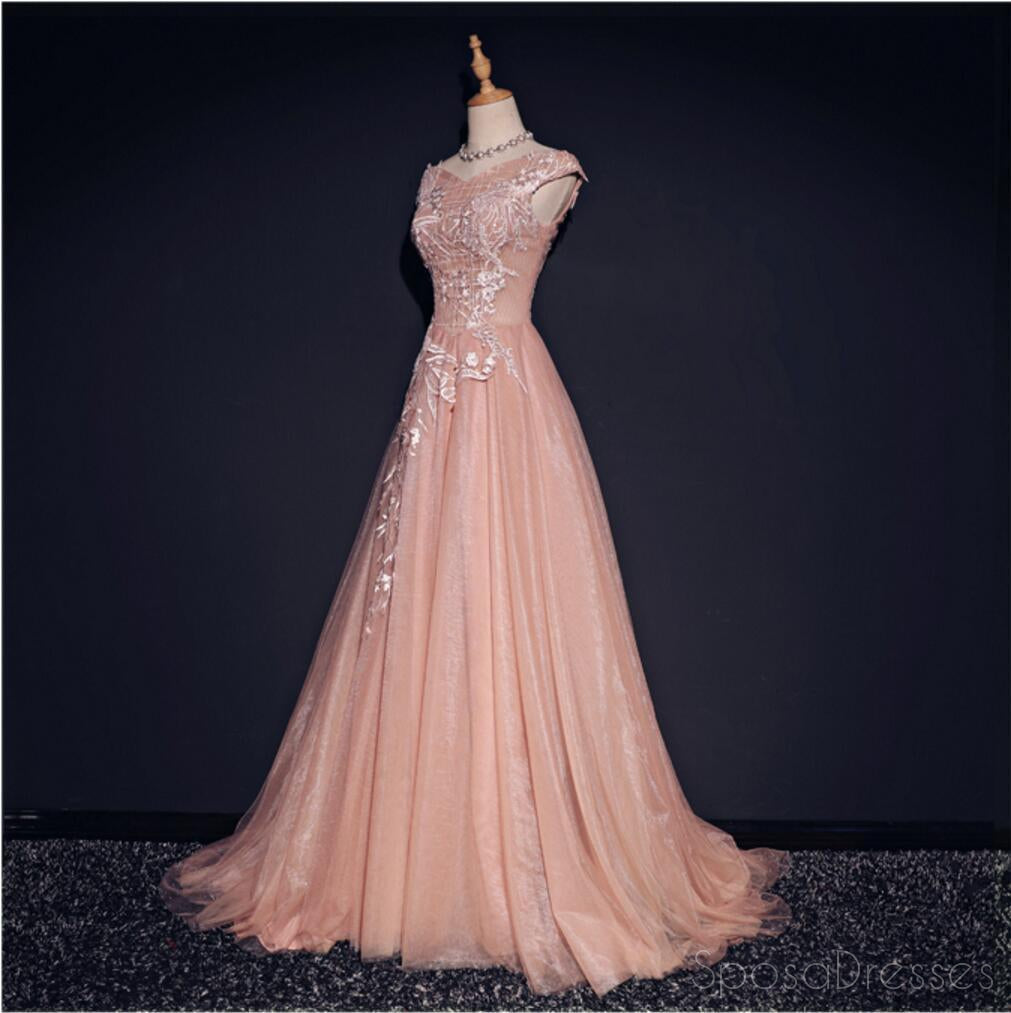 Blush Pink Off Shoulder V Neckline Lace Long Evening Prom Dresses, Pop ...