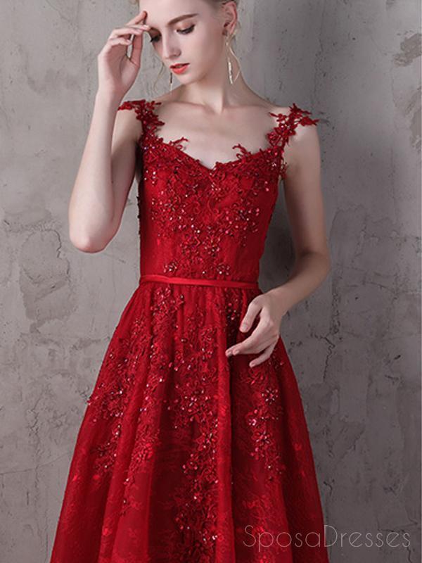Lace Straps Dark Red A-line V-neck Cheap Long Evening Prom Dresses, Ev ...