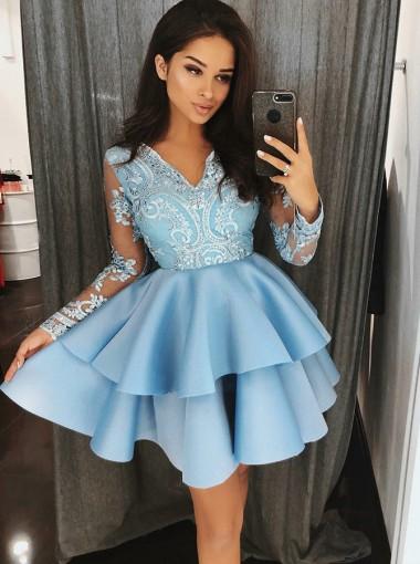 Long Sleeves Blue Lace Cheap Short 