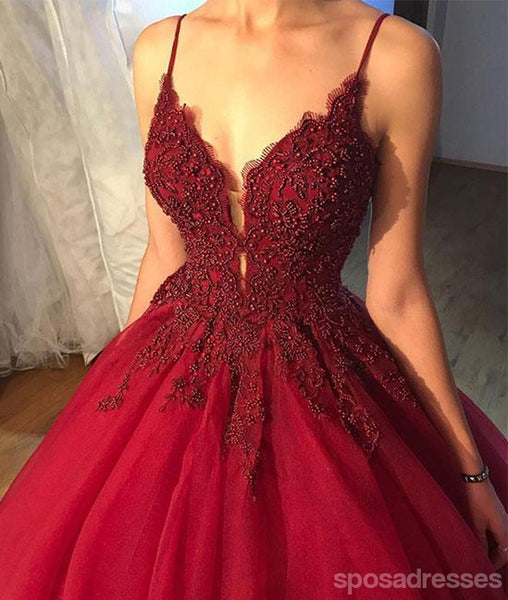 Dark Red A Line Lace Beaded V Neckline Long Evening Prom Dresses Long Sposadresses
