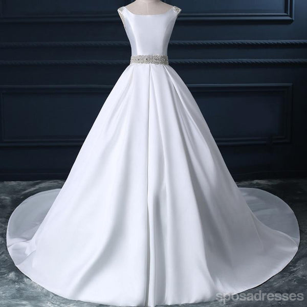 Backless White Scoop Neckline Beaded Sash A Line Wedding Bridal