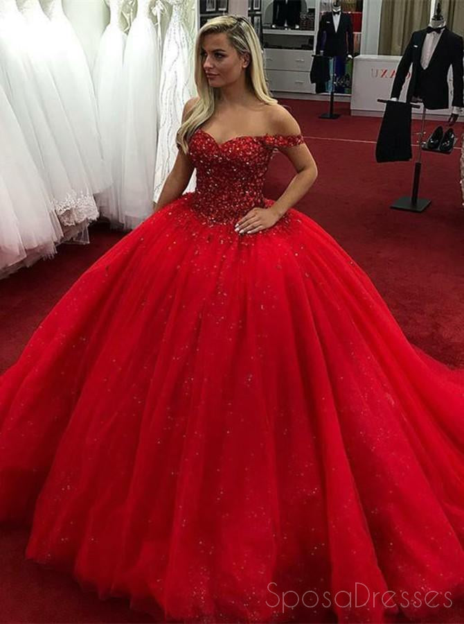 Off Shoulder Red Ball Gown Rhinestone Beaded Long Custom Prom – SposaDresses