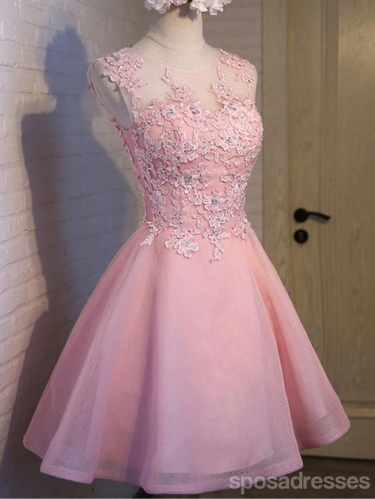 Pink See Through Lace Cute Homecoming Prom Dresses, Affordable Short P ...